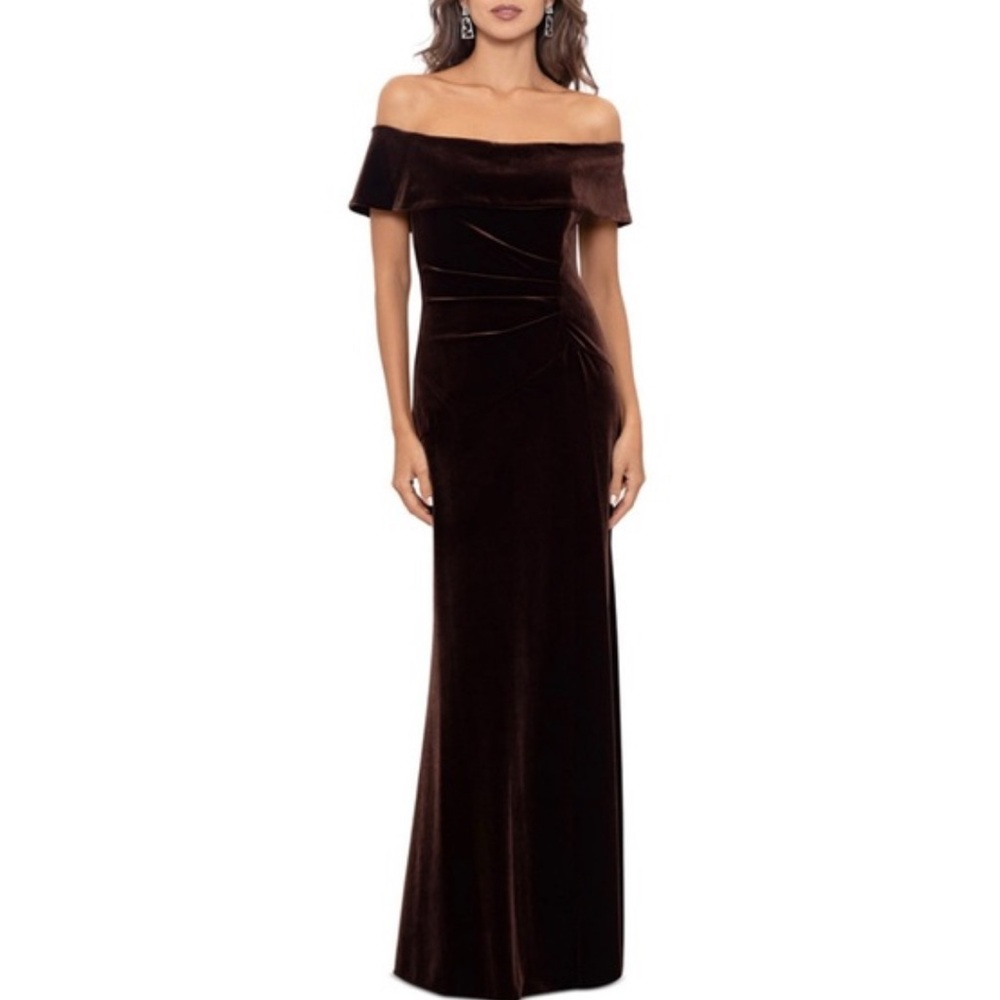 Xscape Strapless Velvet Dress in Rich Brown